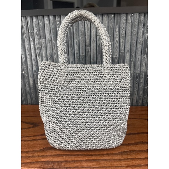 The Sak Crochet Tote Bag Silver Metallic‎ Woven Top Handle Shoulder Bag - Picture 3 of 6